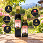 Zwei Glasflaschen Lachsöl (für Hunde und Katzen) auf einem Holztisch im sonnigen Garten - Premium-Naturöl von MisterKings.