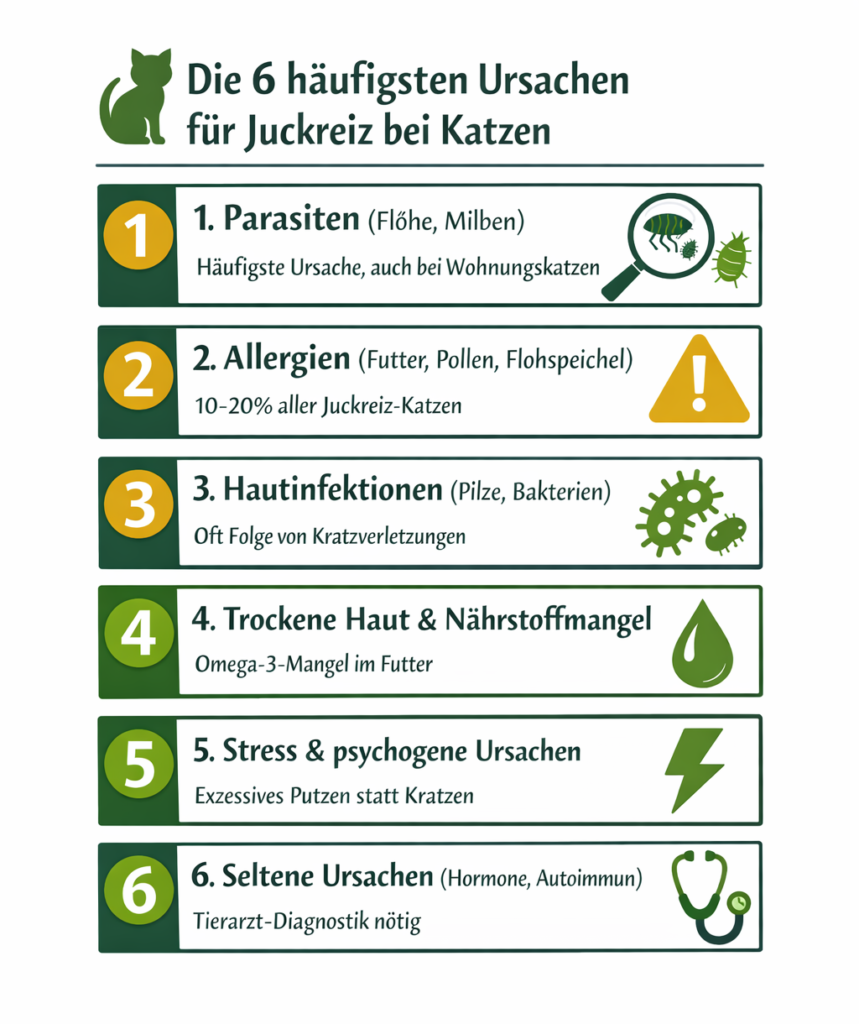INFOGRAFIK: Juckreiz Katze Ursachen - 6 Ursachen im Überblick mit Symptomen
