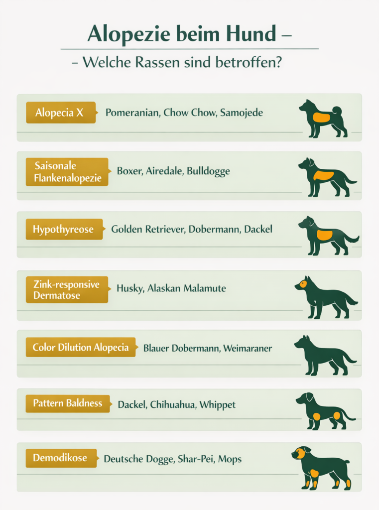 Infografik Alopezie Hund Rassen - welche Rassen von Haarausfall betroffen sind