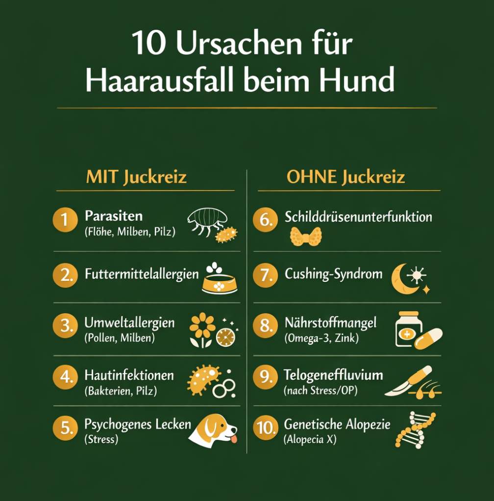 Infografik: Haarausfall Hund Ursachen - Übersicht der 10 häufigsten Gründe