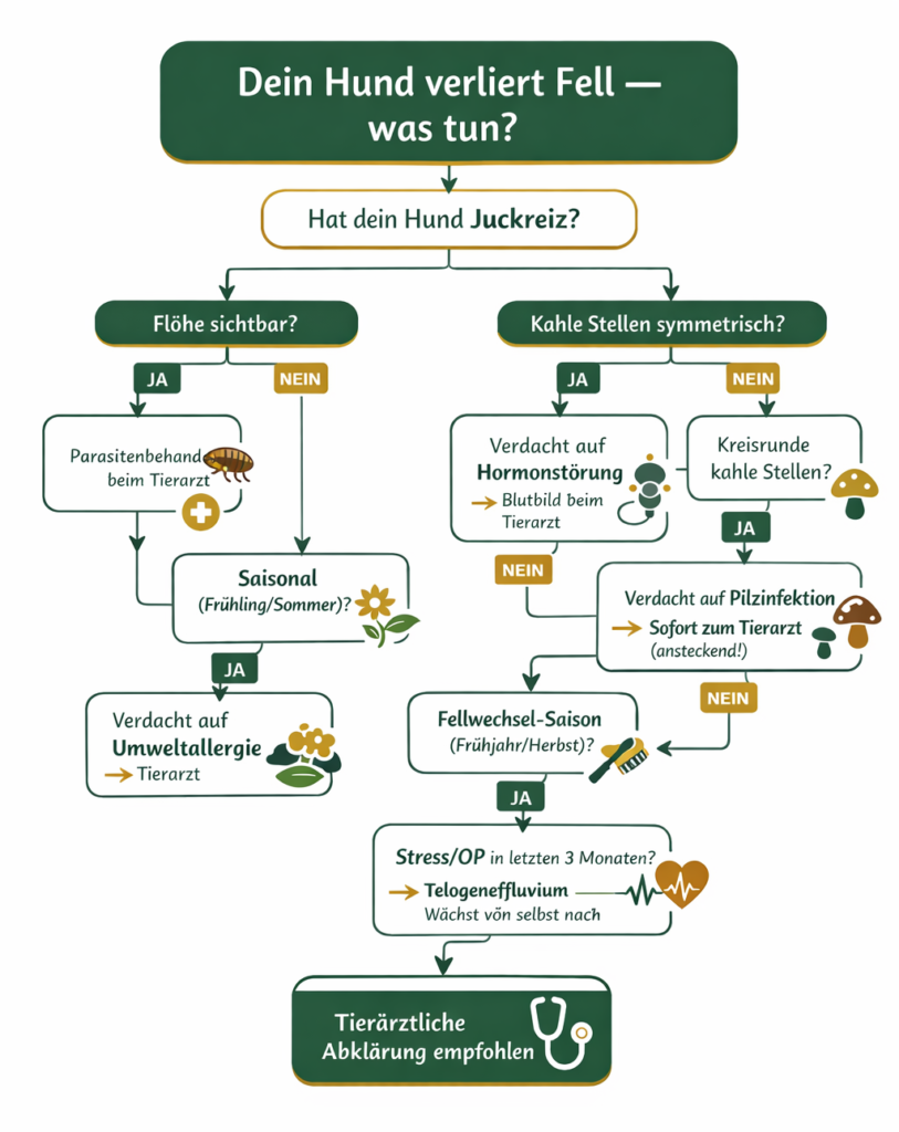 Hund verliert Fell - Entscheidungsbaum: normales Haaren vs. krankhafter Haarausfall Warnsignale