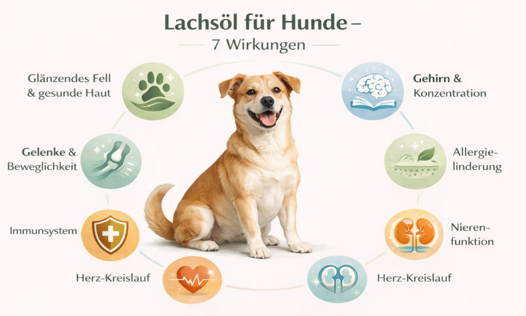 Lachsöl Hund - 7 Wirkungen auf Fell, Gelenke, Herz, Gehirn Infografik
