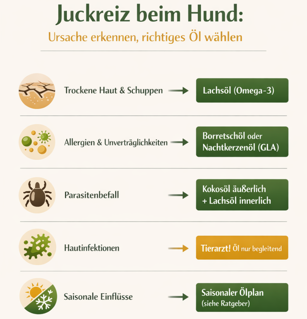 Welches Öl für Hunde bei Juckreiz - Entscheidungshilfe nach Ursache