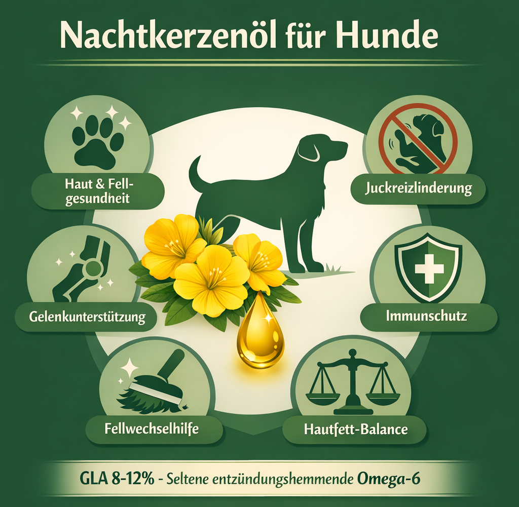 Infografik der 6 Vorteile von Nachtkerzenöl für Hunde