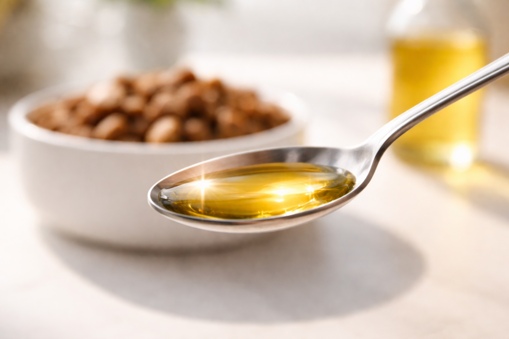 Lachsöl Hund Dosierung - Teelöffel mit Öl über Hundefutter