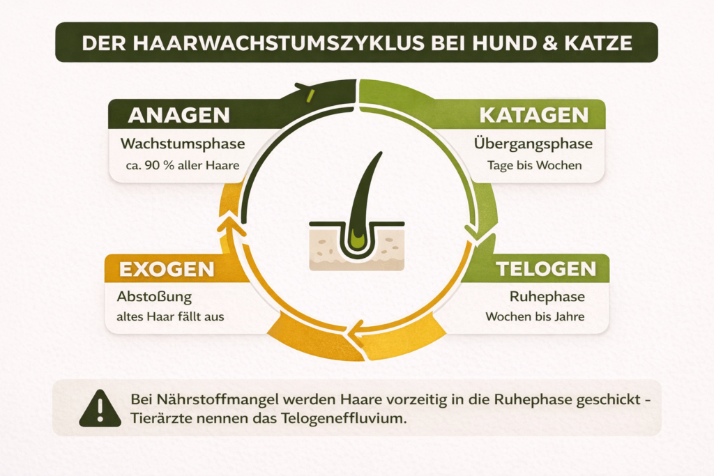 Infografik Haarwachstumszyklus bei Hund und Katze: Anagen, Katagen, Telogen und Exogen