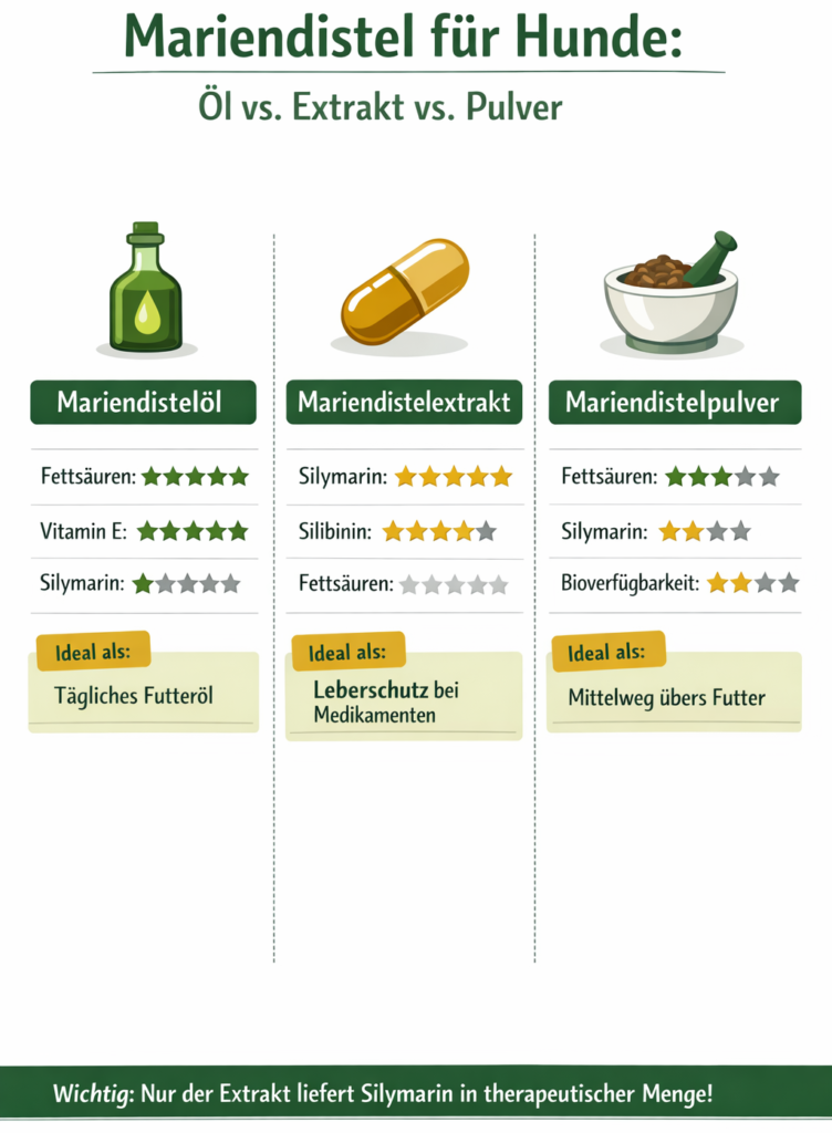Mariendistelöl Hund Wirkung - Vergleich Öl vs. Extrakt vs. Pulver Infografik