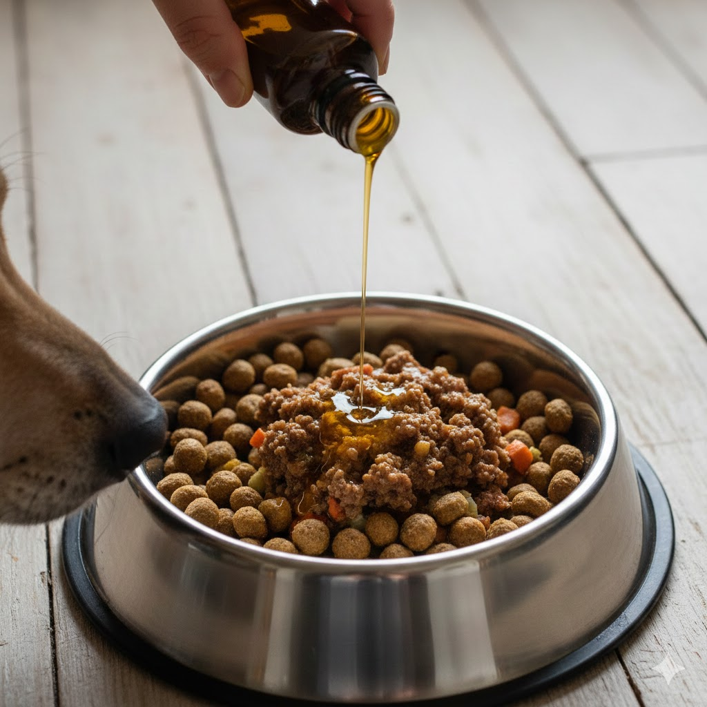 Futteröl Hund – Öl wird über Hundefutter gegeben