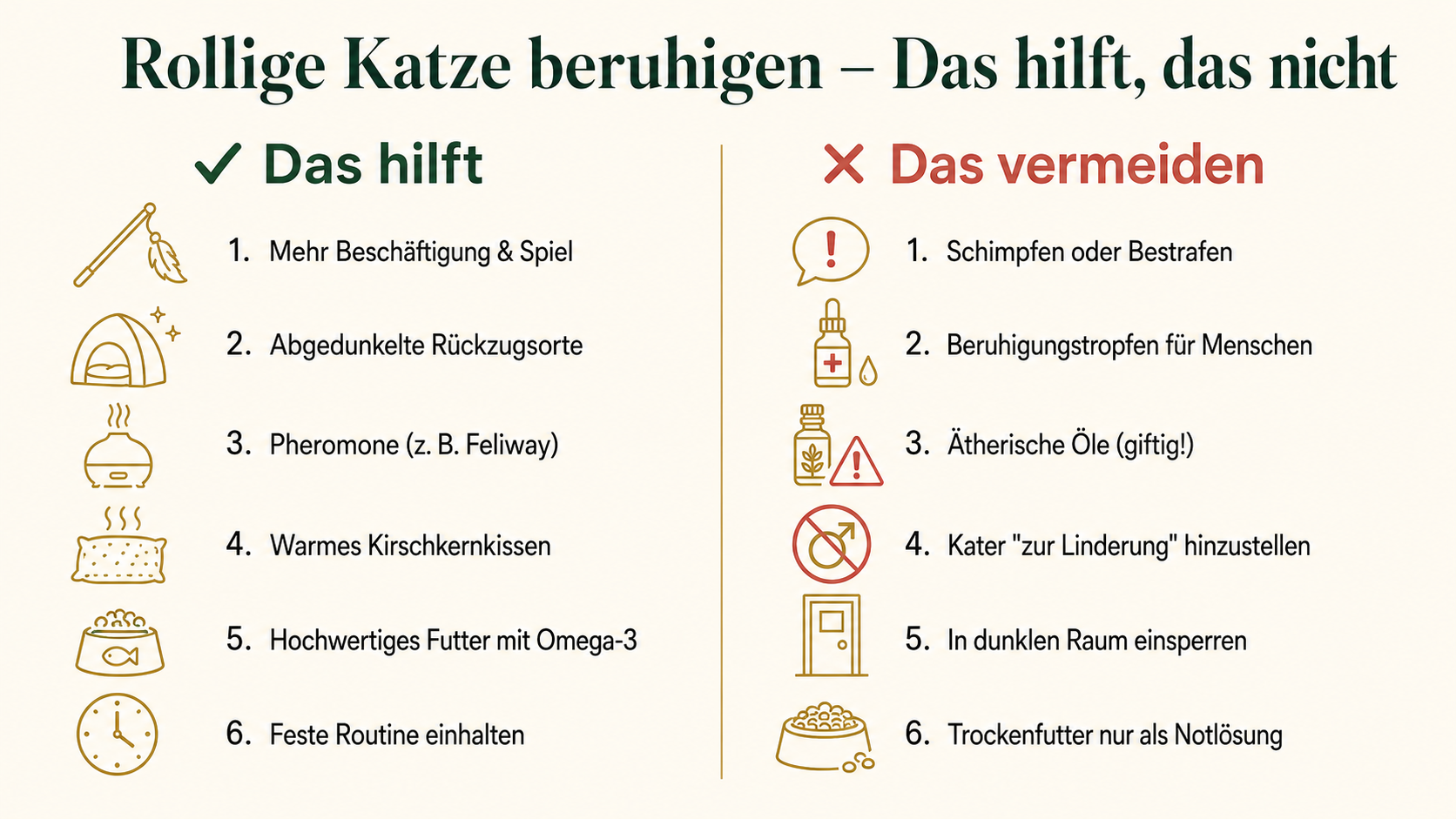 Vergleichsgrafik: Was einer rolligen Katze wirklich hilft und was vermieden werden sollte