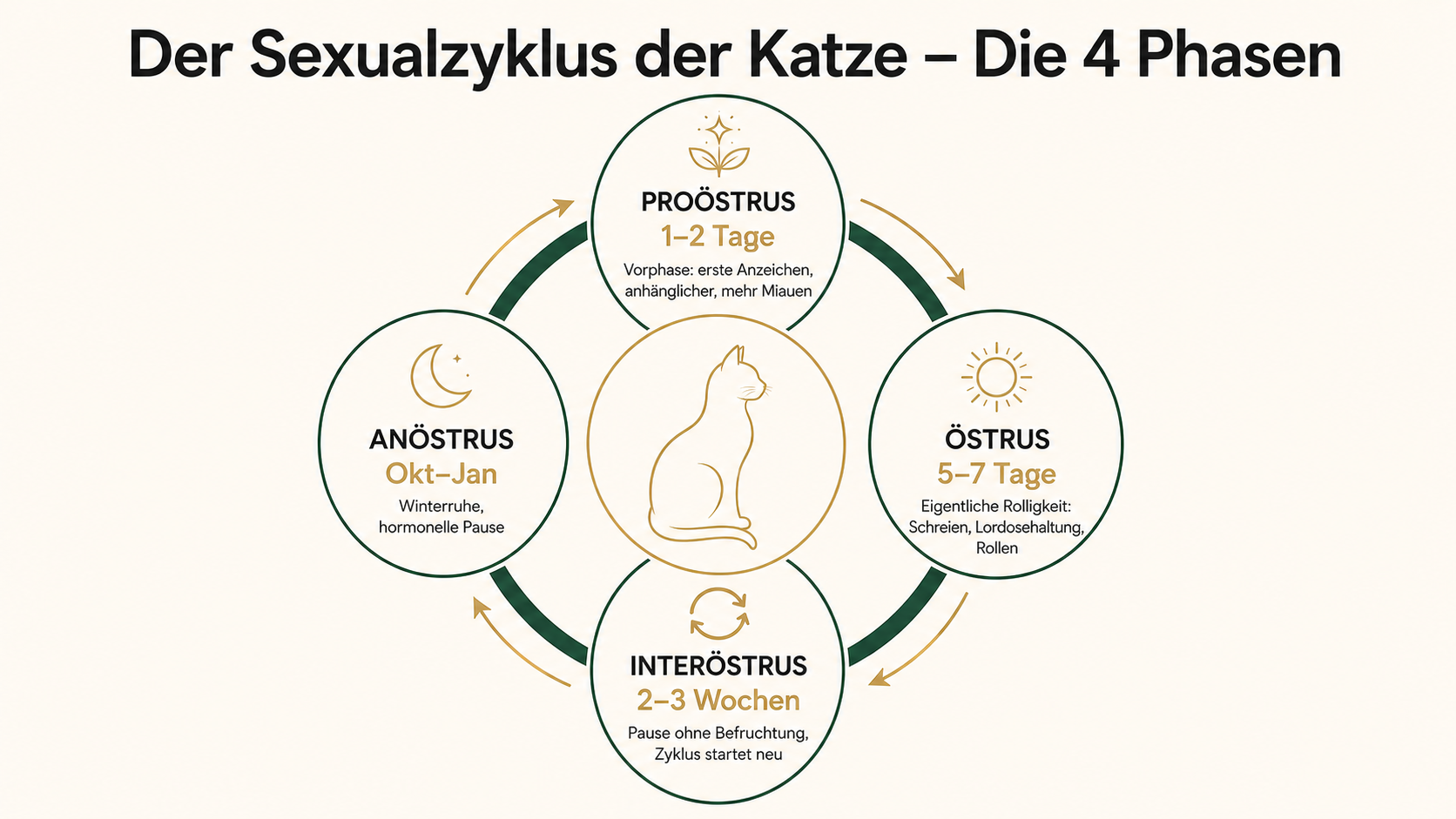 Infografik: Die vier Phasen des Östruszyklus der Katze – Proöstrus, Östrus, Interöstrus und Anöstrus mit Dauerangaben