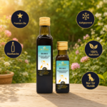Zwei Glasflaschen BALANCE (für Hunde) auf einem Holztisch im sonnigen Garten – Premium-Naturöl von MisterKings.