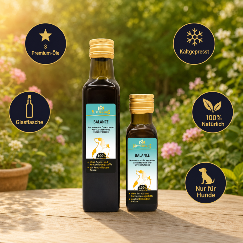 Zwei Glasflaschen BALANCE (für Hunde) auf einem Holztisch im sonnigen Garten – Premium-Naturöl von MisterKings.