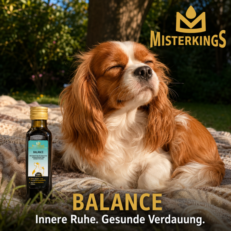 Glücklicher Hund entspannt im Sonnenlicht neben einer Flasche BALANCE – MisterKings Naturöl für Hunde.
