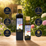 Zwei Glasflaschen BEAUTYME (für Hunde und Katzen) auf einem Holztisch im sonnigen Garten – Premium-Naturöl von MisterKings.