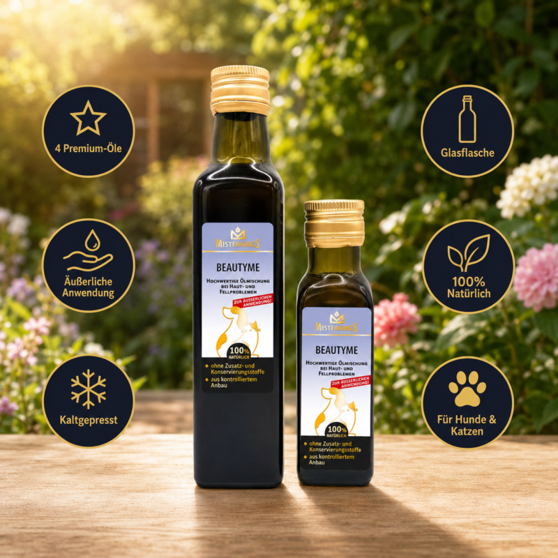 Zwei Glasflaschen BEAUTYME (für Hunde und Katzen) auf einem Holztisch im sonnigen Garten – Premium-Naturöl von MisterKings.