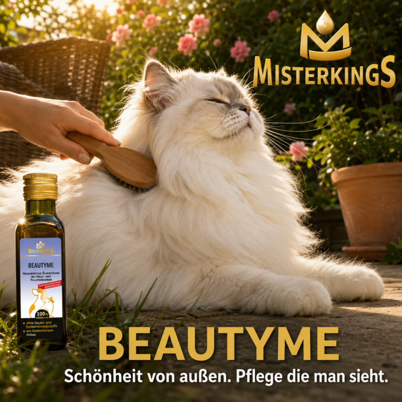 Glückliche Katze mit seidigem Fell auf der Terrasse neben einer Flasche BEAUTYME – MisterKings Naturöl für Hunde und Katzen.