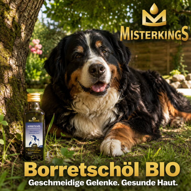 Glücklicher Hund entspannt im Schatten neben einer Flasche Borretschöl – MisterKings Naturöl für Hunde und Katzen.