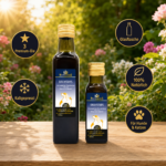 Zwei Glasflaschen DAILYSTARS (für Hunde und Katzen) auf einem Holztisch im sonnigen Garten – Premium-Naturöl von MisterKings.