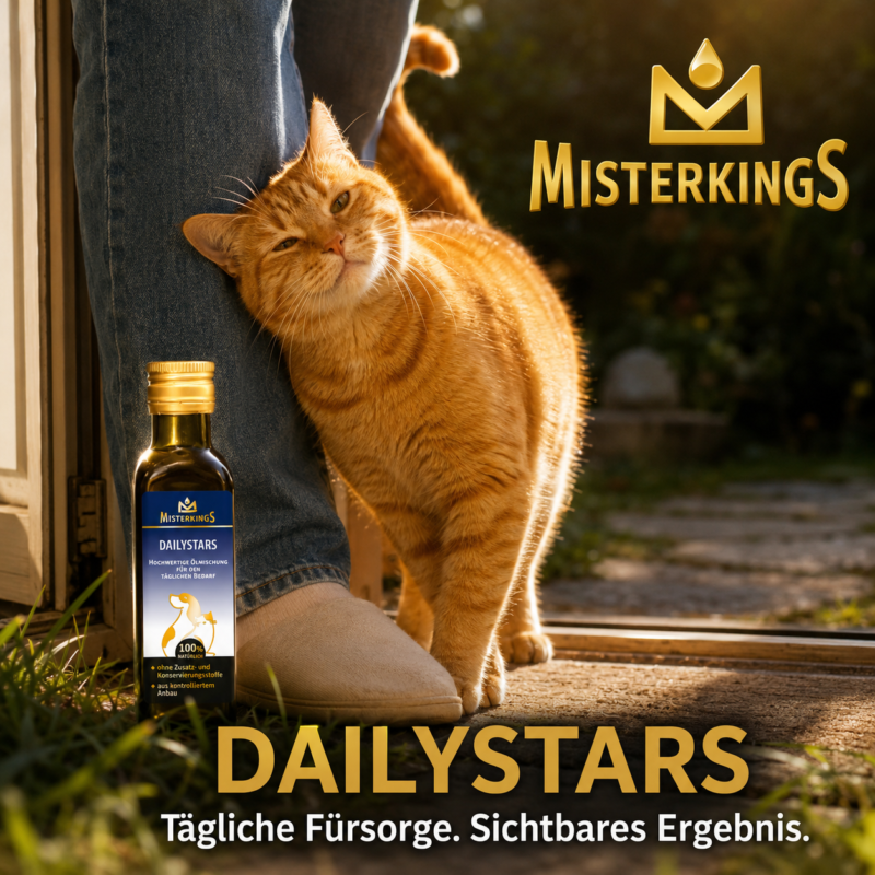 Glückliche Katze zuhause im Morgenlicht neben einer Flasche DAILYSTARS – MisterKings Naturöl für Hunde und Katzen.