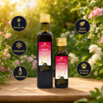 Zwei Glasflaschen ENERGIZE (für Hunde und Katzen) auf einem Holztisch im sonnigen Garten – Premium-Naturöl von MisterKings.