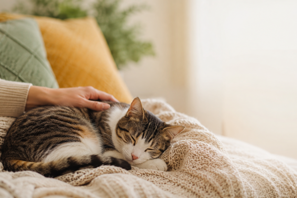 Junge Katze liegt entspannt auf einer warmen Decke und wird sanft gestreichelt – Symbolbild für die Genesung und unterstützende Ernährung bei FIP