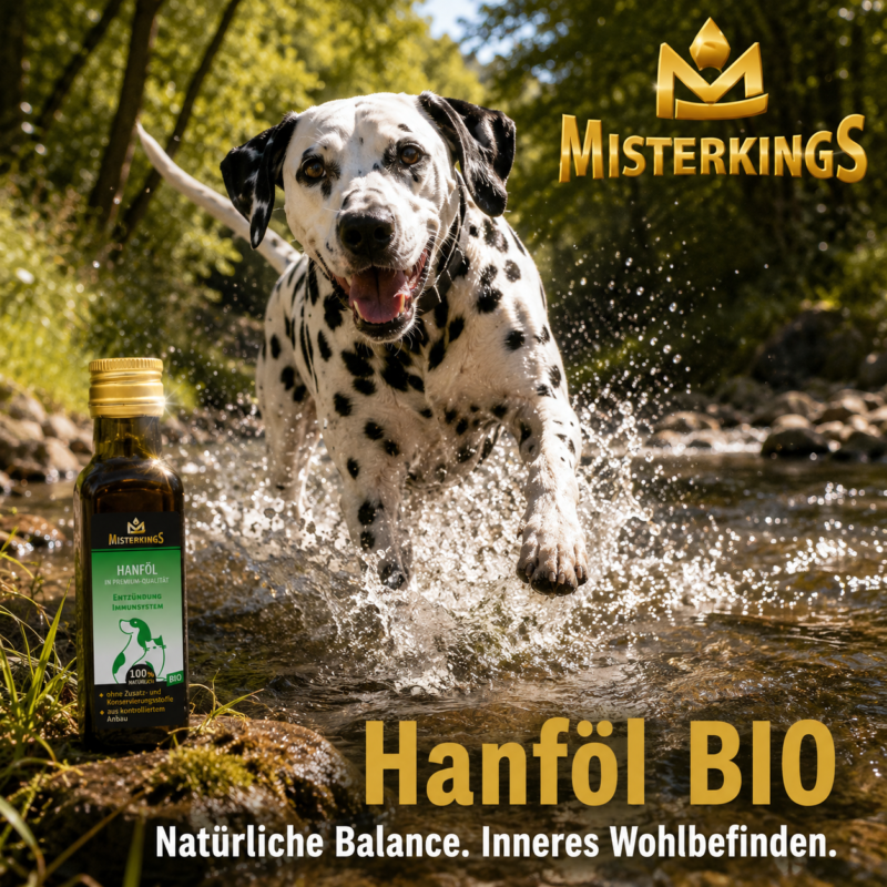 Glücklicher Hund aktiv am Waldbach neben einer Flasche Hanföl – MisterKings Naturöl für Hunde und Katzen.