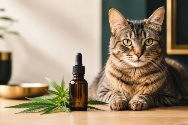 Hanföl für Katzen - gesunde Katze neben dunkler Glasflasche mit Hanfsamenöl