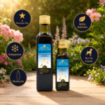 Zwei Glasflaschen IMMUNBOOSTER (für Hunde) auf einem Holztisch im sonnigen Garten – Premium-Naturöl von MisterKings.