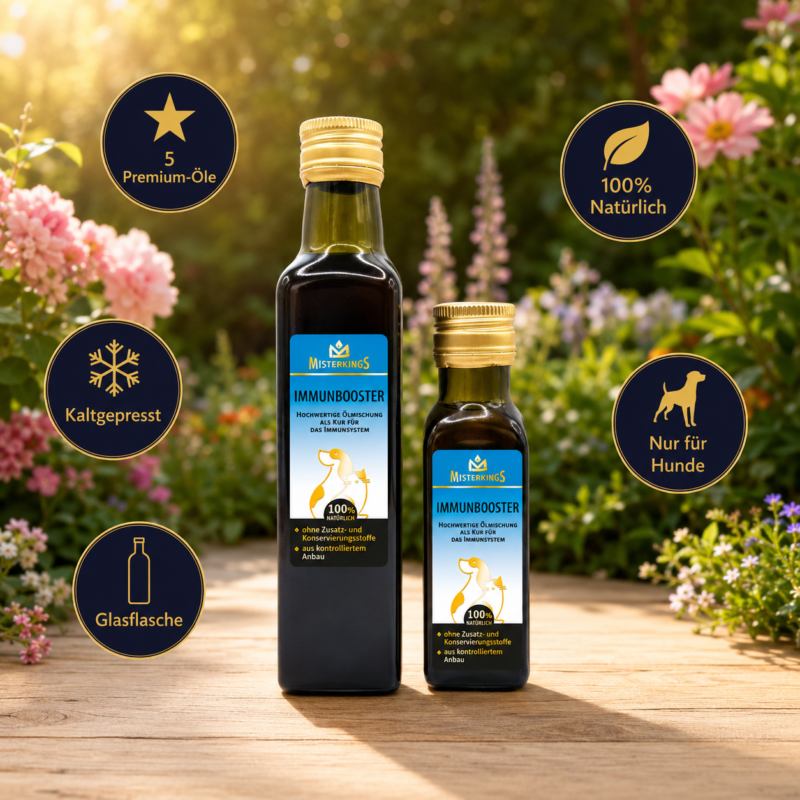 Zwei Glasflaschen IMMUNBOOSTER (für Hunde) auf einem Holztisch im sonnigen Garten – Premium-Naturöl von MisterKings.