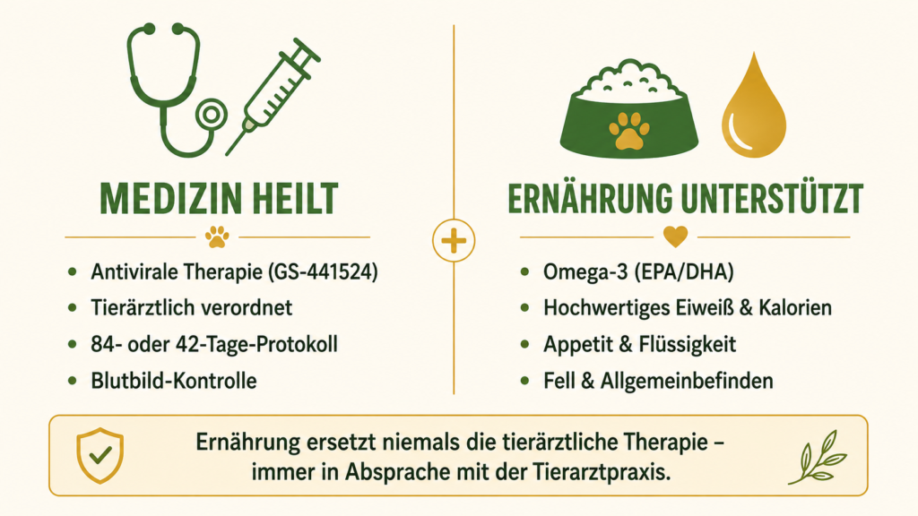 Infografik mit zwei Spalten: links die tierärztliche antivirale FIP-Therapie, die FIP heilt, rechts die begleitende Ernährung mit Omega-3, die die Genesung unterstützt.