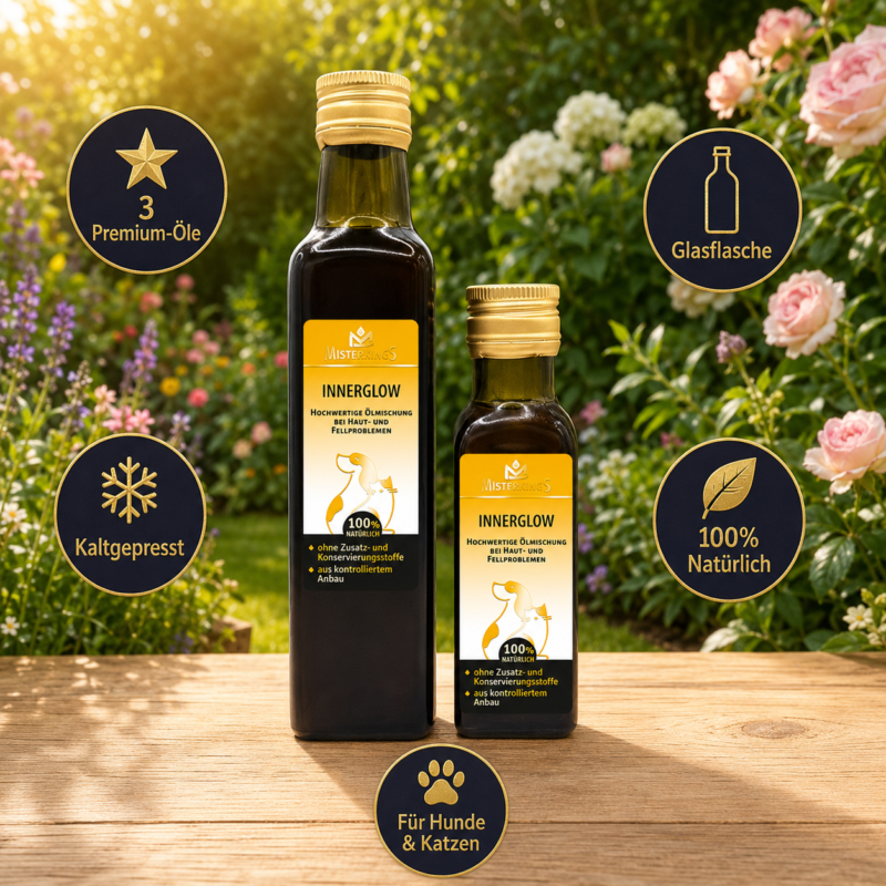 Zwei Glasflaschen INNERGLOW (für Hunde und Katzen) auf einem Holztisch im sonnigen Garten – Premium-Naturöl von MisterKings.