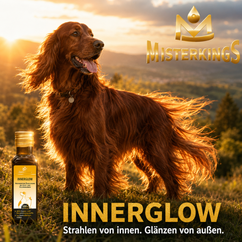 Glücklicher Hund mit strahlendem Fell neben einer Flasche INNERGLOW – MisterKings Naturöl für Hunde und Katzen.
