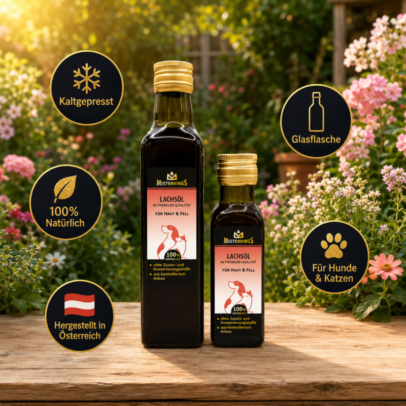 Zwei Glasflaschen Lachsöl (für Hunde und Katzen) auf einem Holztisch im sonnigen Garten – Premium-Naturöl von MisterKings.