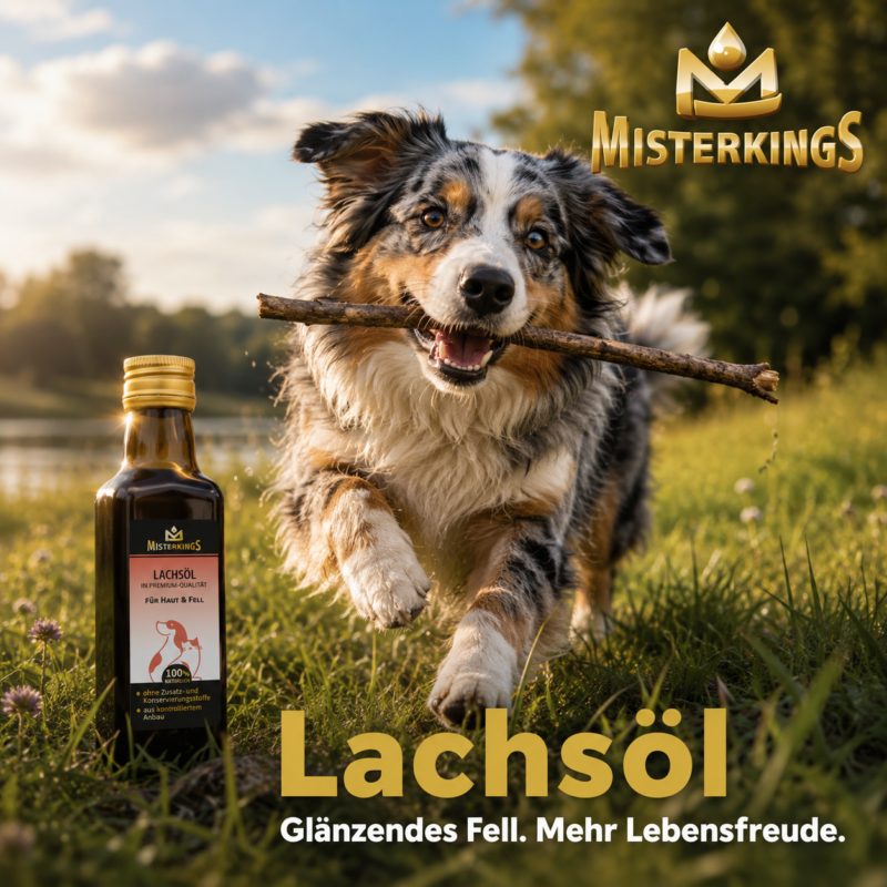 Glücklicher Hund mit glänzendem Fell im Garten neben einer Flasche Lachsöl – MisterKings Naturöl für Hunde und Katzen.