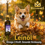 Glücklicher Hund freudig im Herbstlaub neben einer Flasche Leinöl – MisterKings Naturöl für Hunde und Katzen.