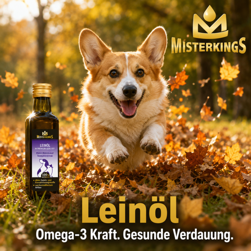 Glücklicher Hund freudig im Herbstlaub neben einer Flasche Leinöl – MisterKings Naturöl für Hunde und Katzen.