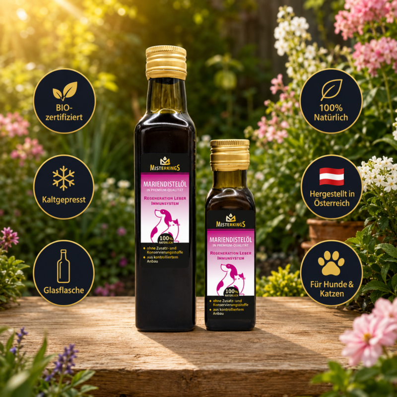 Zwei Glasflaschen Mariendistelöl (für Hunde und Katzen) auf einem Holztisch im sonnigen Garten – Premium-Naturöl von MisterKings.