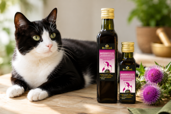 Mariendistelöl für Katzen - MISTERKINGS Mariendistelöl in Premium-Qualität neben Katze und Mariendistelblüten