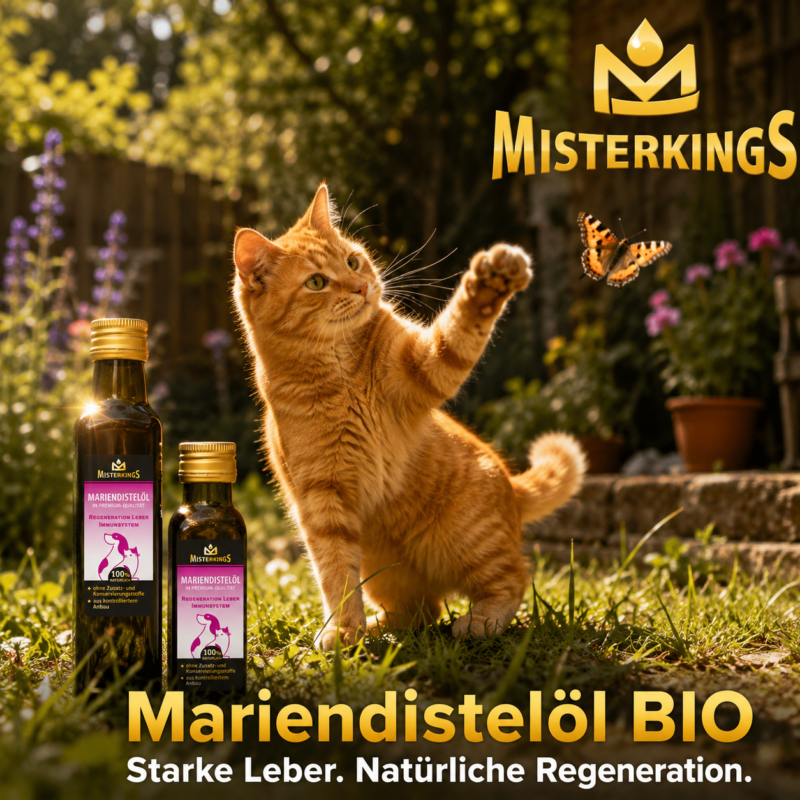 Glückliche Katze verspielt im Garten neben einer Flasche Mariendistelöl – MisterKings Naturöl für Hunde und Katzen.