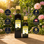 Zwei Glasflaschen Nachtkerzenöl (für Hunde und Katzen) auf einem Holztisch im sonnigen Garten – Premium-Naturöl von MisterKings.