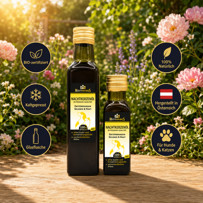 Zwei Glasflaschen Nachtkerzenöl (für Hunde und Katzen) auf einem Holztisch im sonnigen Garten – Premium-Naturöl von MisterKings.