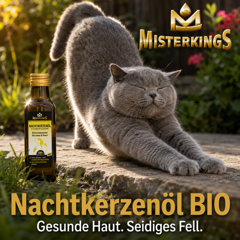 Glückliche Katze mit seidigem Fell in der Sonne neben einer Flasche Nachtkerzenöl – MisterKings Naturöl für Hunde und Katzen.