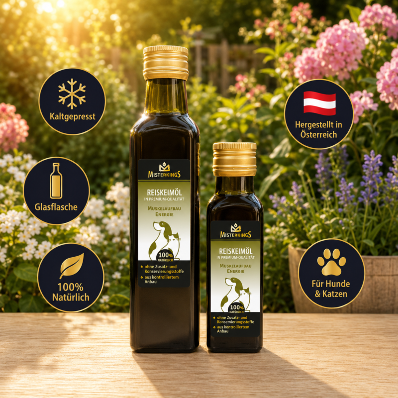 Zwei Glasflaschen Reiskeimöl (für Hunde und Katzen) auf einem Holztisch im sonnigen Garten – Premium-Naturöl von MisterKings.