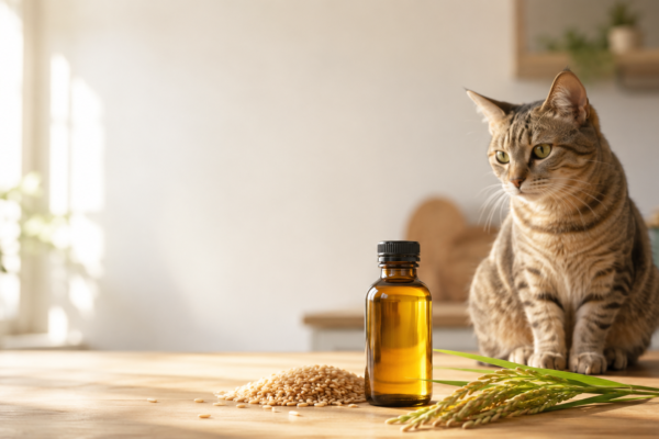 Reiskeimöl Katze - Glasflasche mit goldgelbem Öl neben Katze