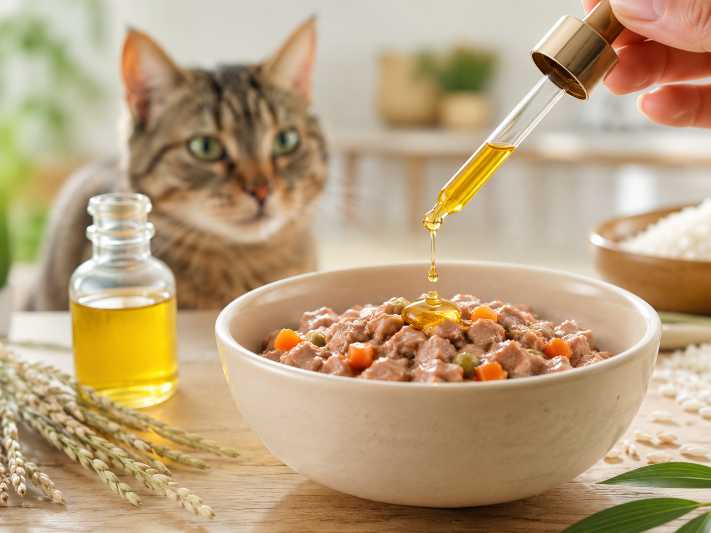 Reiskeimöl Katze - Öl wird über das Katzenfutter gegeben