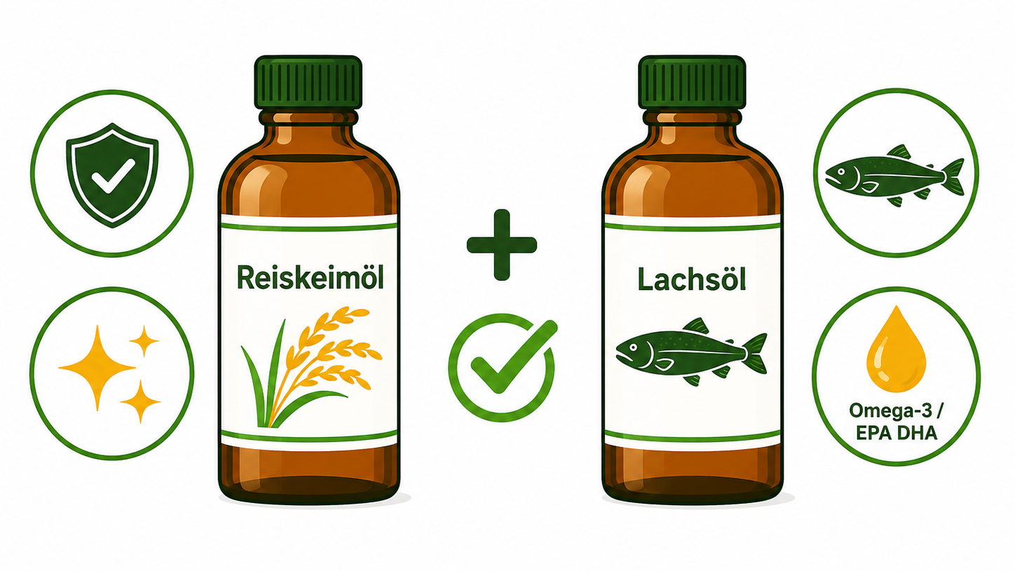 Reiskeimöl und Lachsöl für Katzen im Vergleich - zwei Ölflaschen