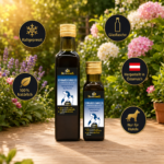 Zwei Glasflaschen Schwarzkümmelöl (für Hunde) auf einem Holztisch im sonnigen Garten – Premium-Naturöl von MisterKings.