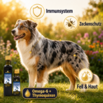 Gesunder Hund mit glänzendem Fell – Schwarzkümmelöl für Immunsystem und gesunde Haut.