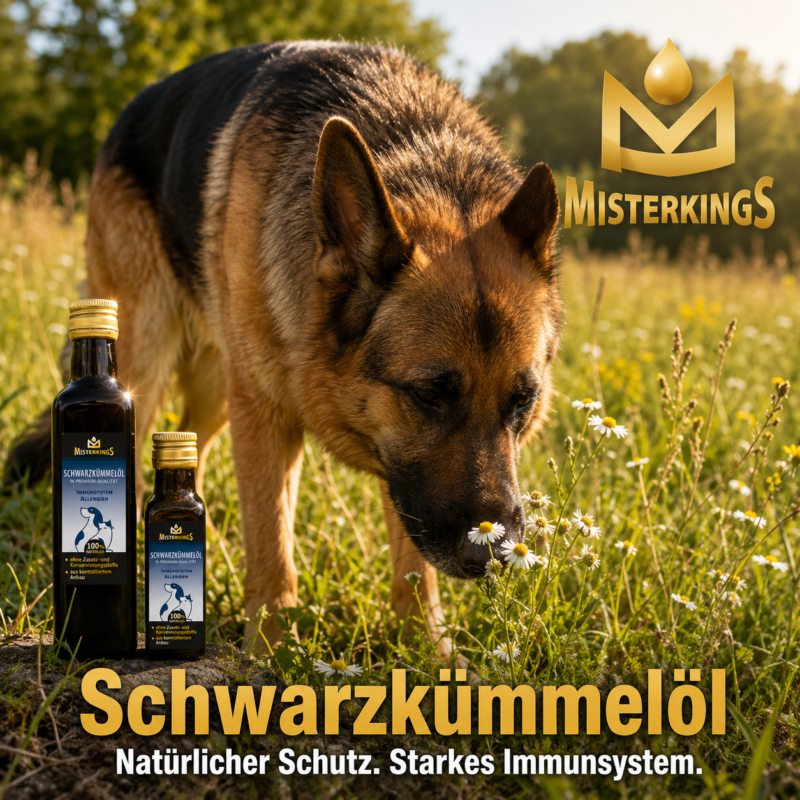 Glücklicher Hund vital in der Sommerwiese neben einer Flasche Schwarzkümmelöl – MisterKings Naturöl für Hunde.