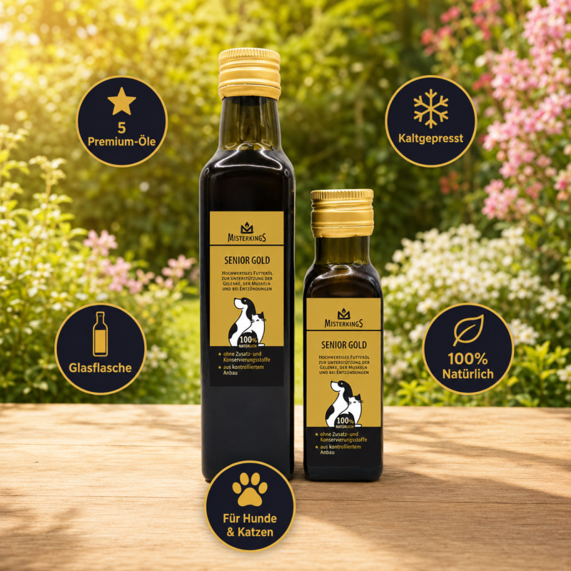 Zwei Glasflaschen SENIOR GOLD (für Hunde und Katzen) auf einem Holztisch im sonnigen Garten – Premium-Naturöl von MisterKings.